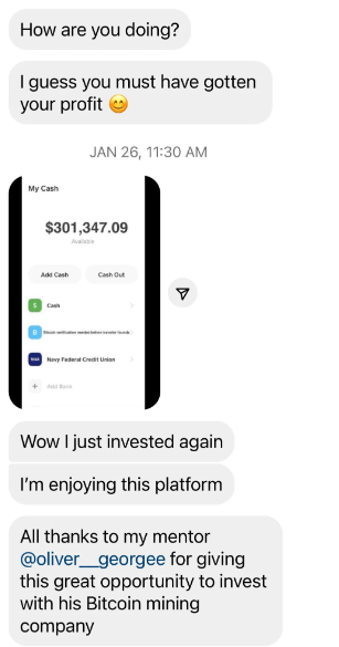 Scam Instagram chat with screenshot of fake cash amount 
