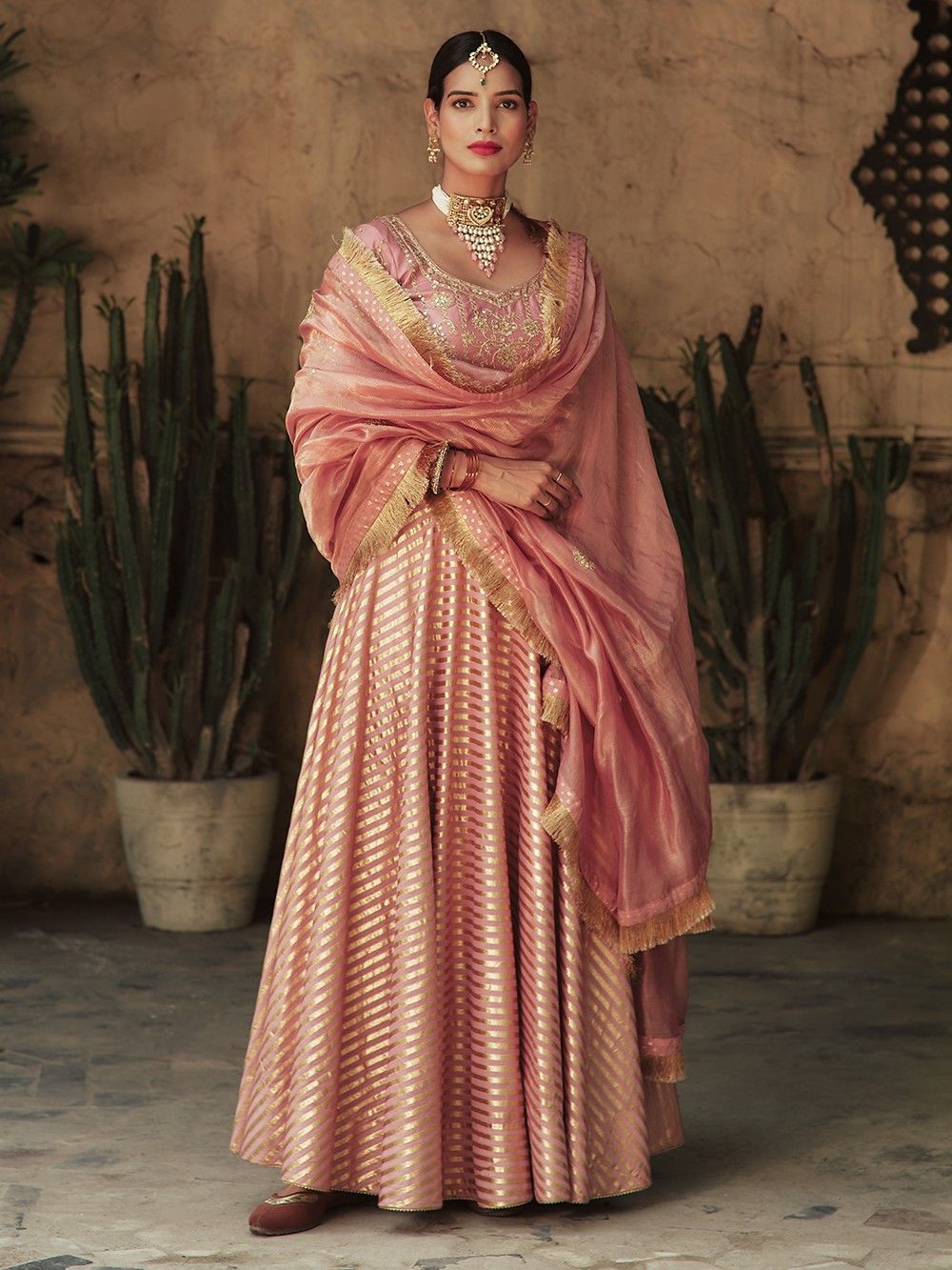 the loom - Pink Chanderi Lehenga Set