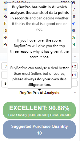 Image description: A screenshot of BuyBotPro score and suggested purchase quantity