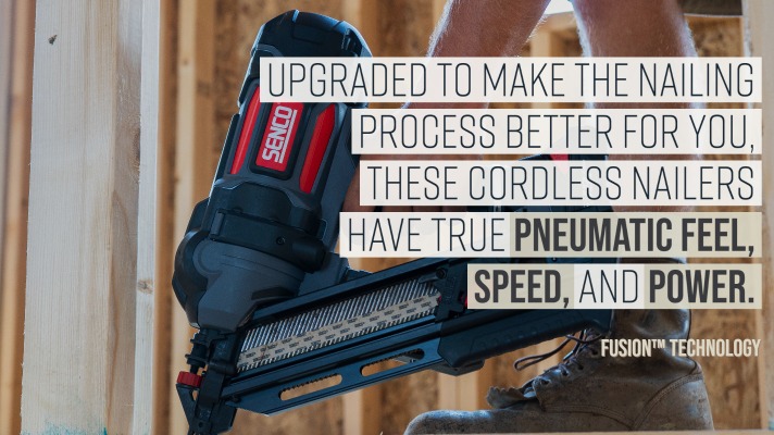 A construction worker uses the Senco F-35XP to lay subfloor on a job site with the text "upgraded to make the nailing process better for you, these cordless nailers have true pneumatic feel, speed, and power. Fusion™ Technology" float above the image