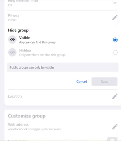 Facebook private group visibility 