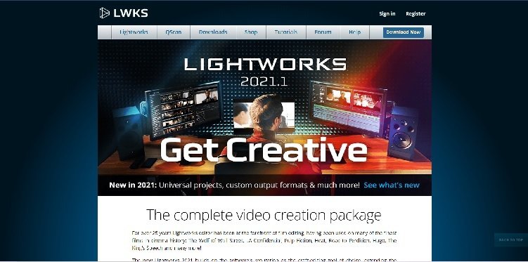Page d'accueil de Lightworks