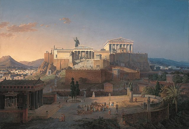 Picture of ancient Athens. People organising at the bottom.