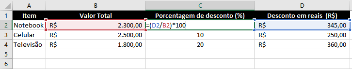 Método 2 calcular porcentagem no Excel