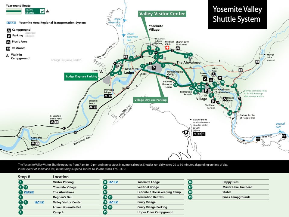 Map showing shuttle route in Yosemite Valley