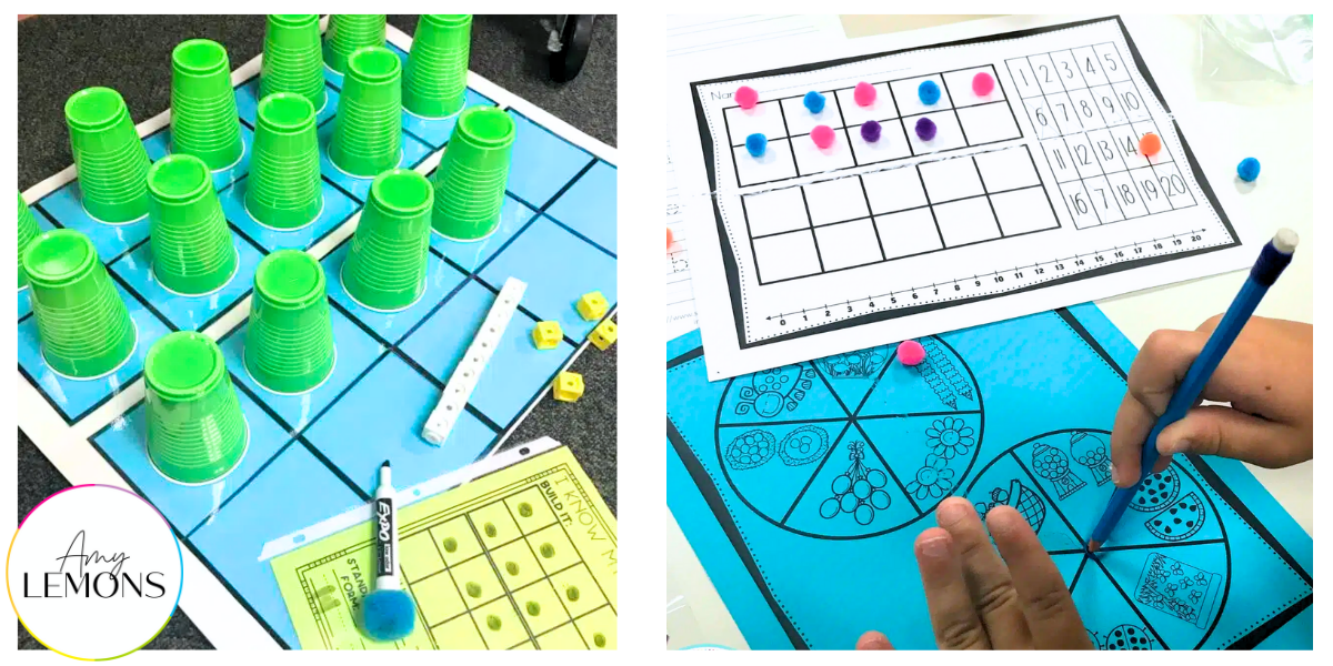 Students add green cups to a large blue ten frame mat to practice number sense.