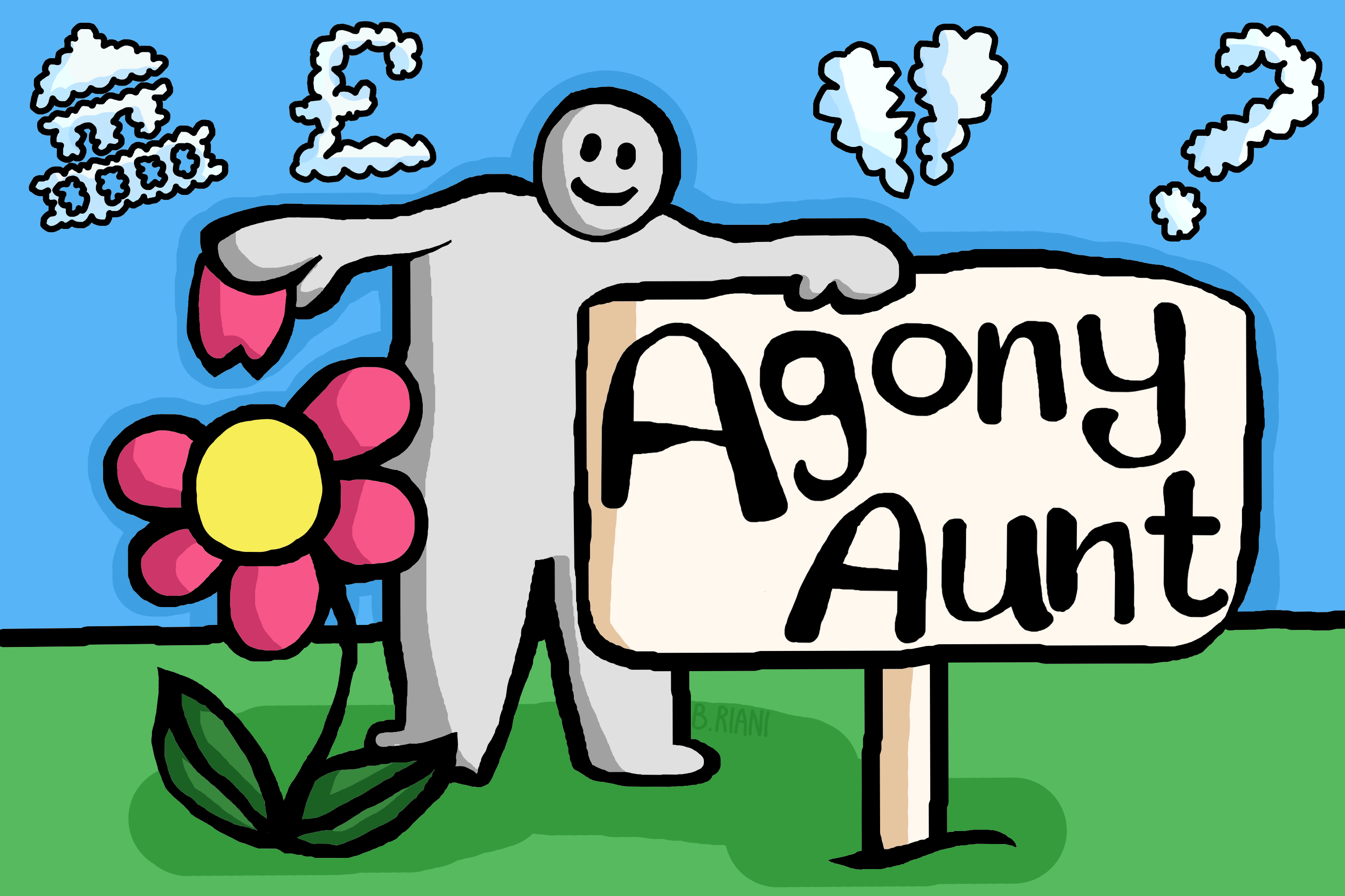 Cartoon person picks a petal from a flower, whilst stood behind a sign reading 'agony aunt'. There are clouds in the sky behind shaped like the Rad Cam, a pound sign, a broken heart and a question mark.