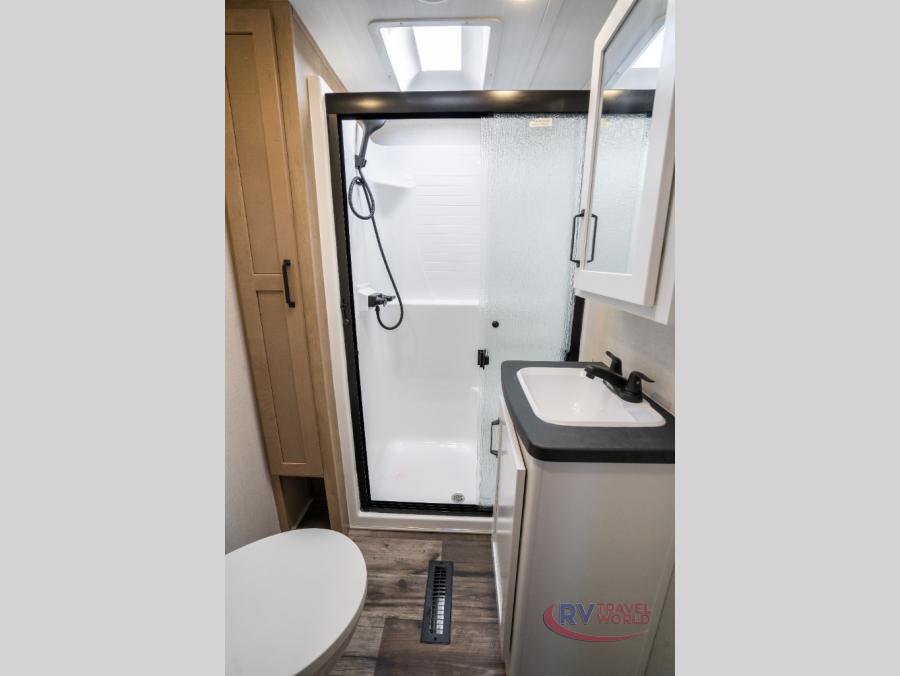 The walk-in shower makes it easy to clean up after a long day on the road.