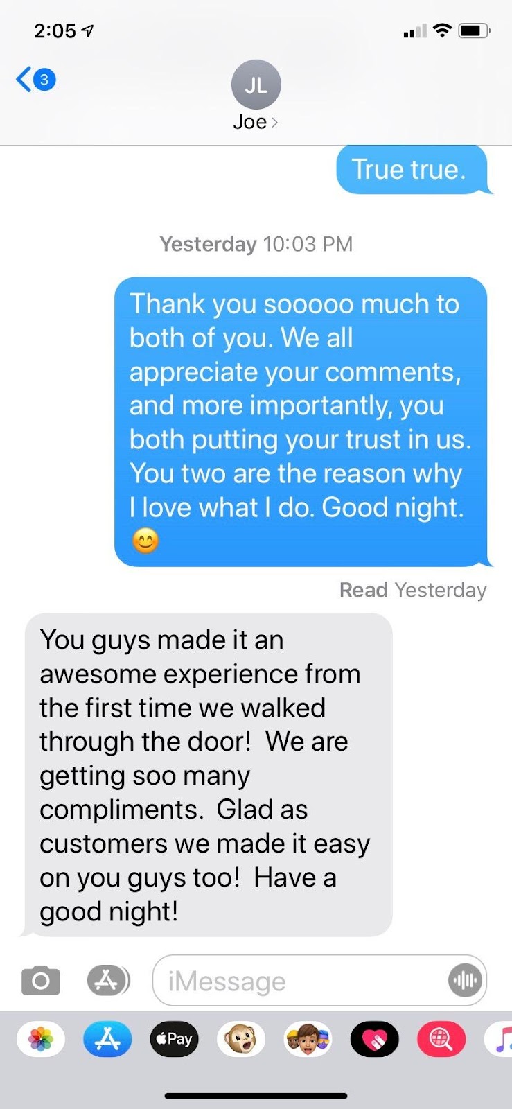 A screenshot of a text message from a customer after a positive custom home building experience.