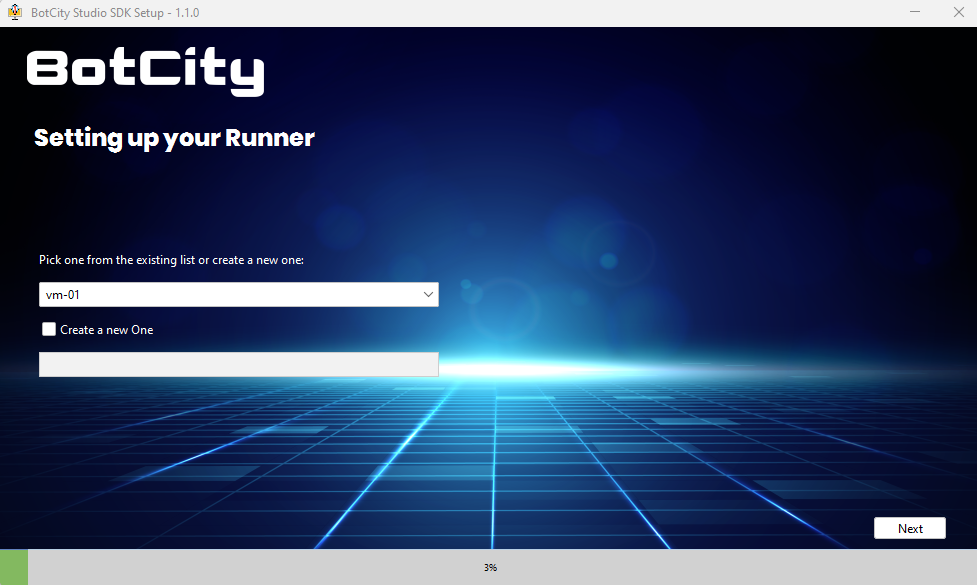 Screenshot of the BotCity Studio SDK installation. It contains the field to choose an existing runner, a checkbox to inform if you want to create a new one, and a field to type the name of the new runner if applicable. In the lower right corner you have the "next" button to proceed to the next step.