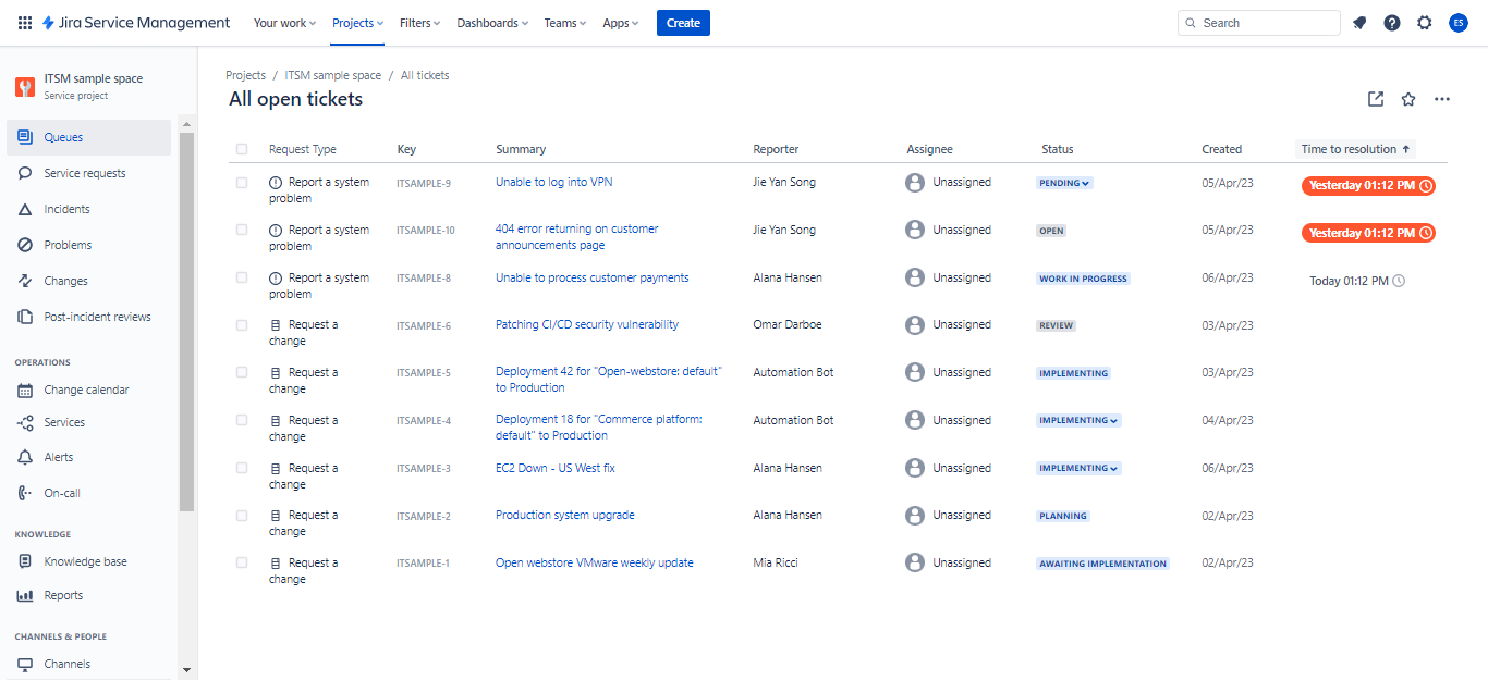 Jira Service Management interface with all open tickets section