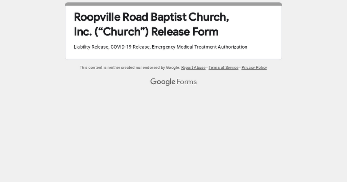 Roopville Road Baptist Church, Inc. (“Church”) Release Form