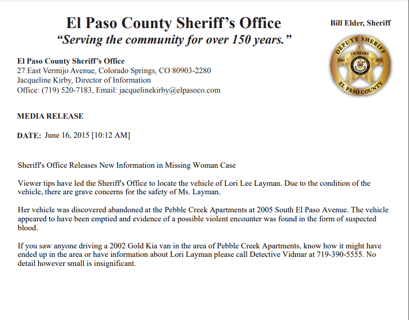 El Paso County Sheriff's Office media release for Lori Lee Layman