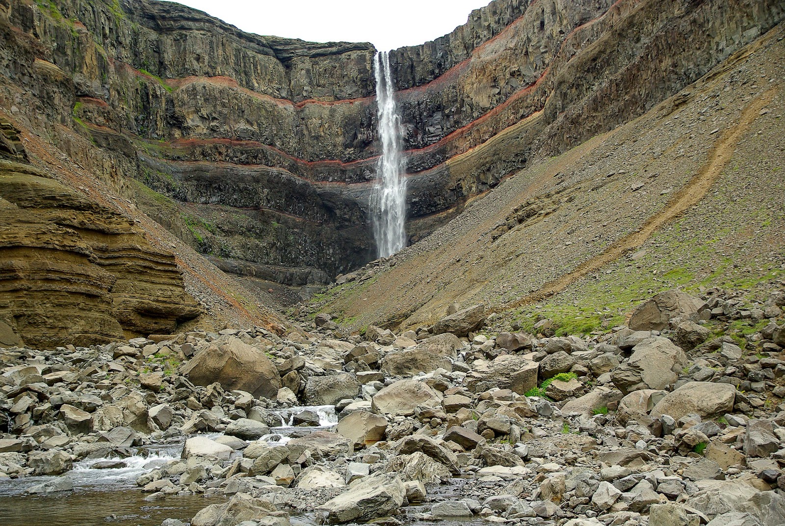 hengifoss tall waterfall coming from colorful cliffs and rocks in foreground iceland