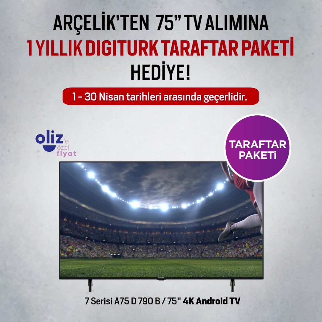 Arçelik 75″ TV Alana 1 Yıllık Digiturk Taraftar Paketi Hediye Haziran 2023  | Kuponla.com