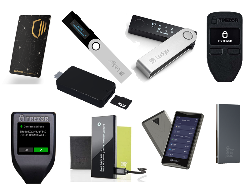 Multiple hardware wallets from various brands such as Ledger and Trezor.