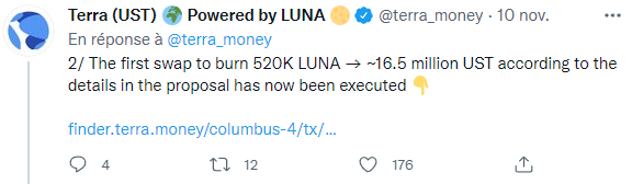 Publication Twitter Terra - première destruction 520 000 LUNA (soit 16,5 millions de dollars)