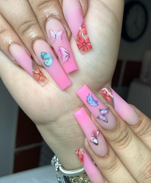 Flowers and Butterflies pink ombre nail