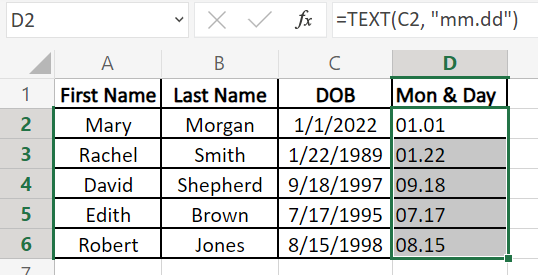 Use the TEXT function to extract Months and Days from the dates
