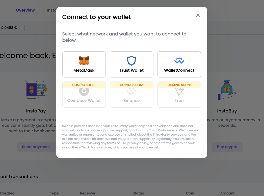 Swapin - Connect to your wallet
