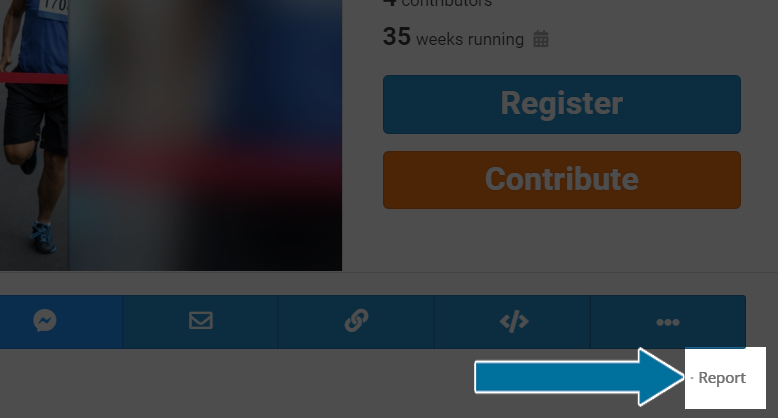 Screenshot of a campaign in public view. Under the share bar, to the right of 'Contact campaign', it says 'Report' with a blue arrow pointing to it.