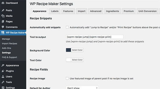 Configurações do WP Recipe Maker