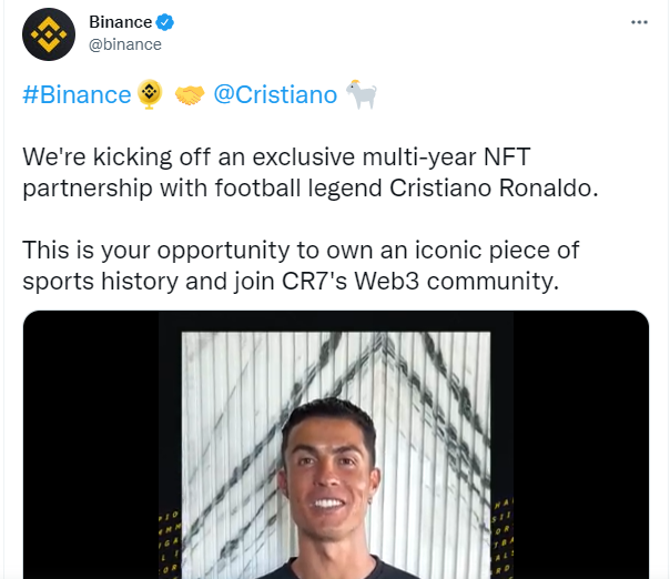 Binance sarađuje sa fudbalskom zvijezdom Cristianom Ronaldom u novom NFT ugovoru 1