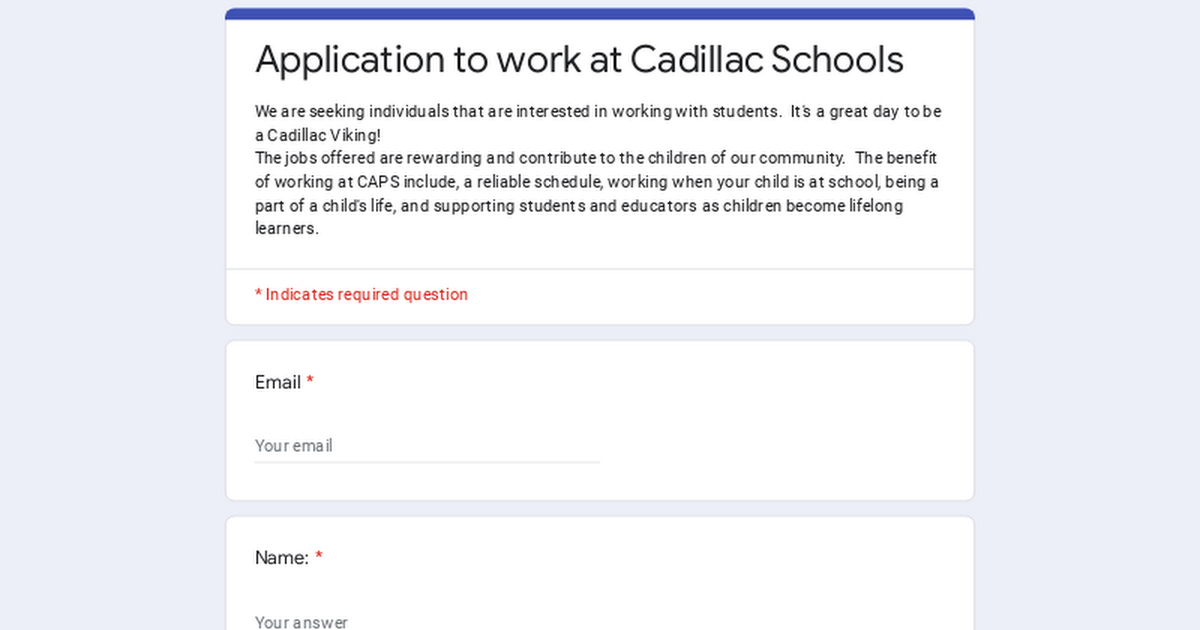 Application to work at Cadillac Schools