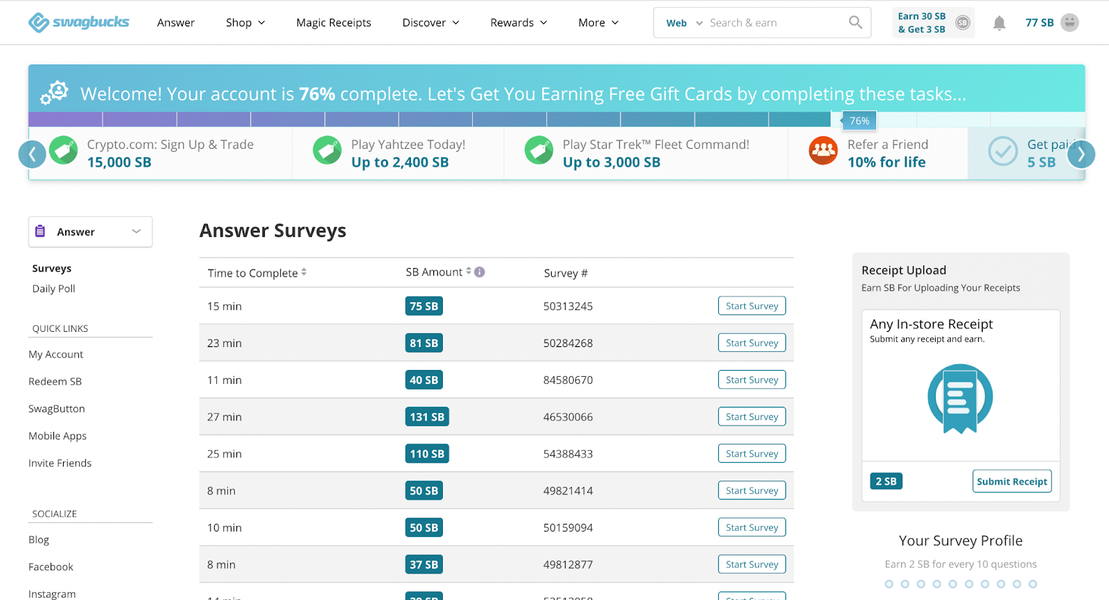 Swagbucks survey dashboard