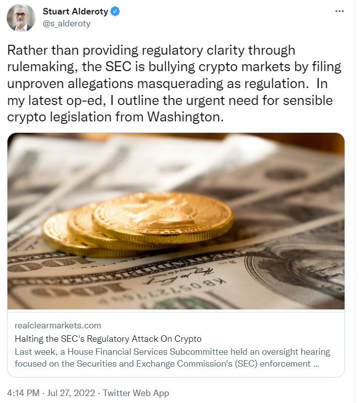 Tweet from Stuart Alderoty, legal counsel for Ripple