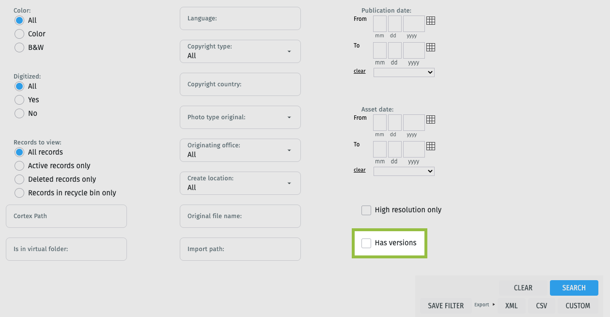 Has Versions Checkbox on Assets List Report