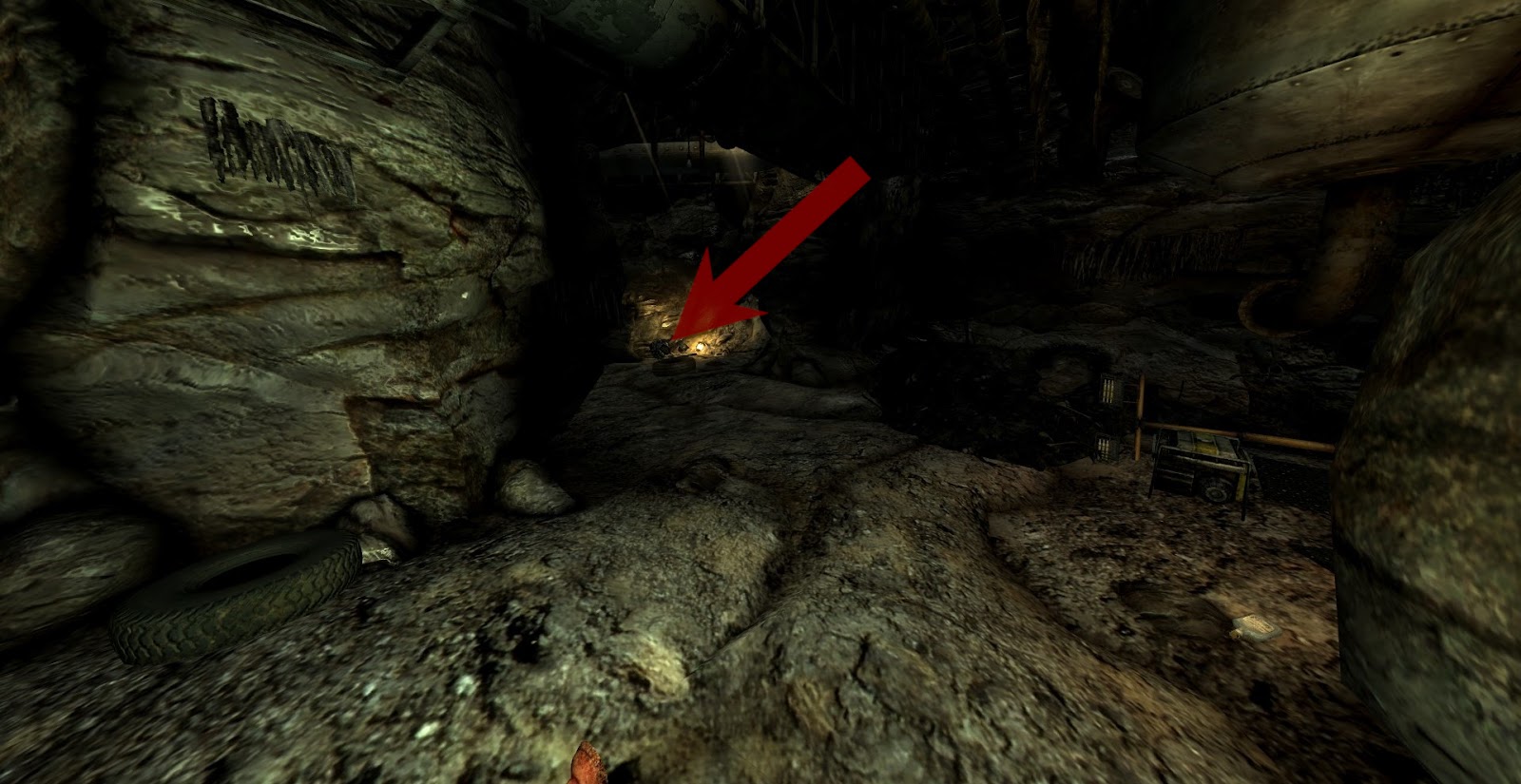 Destroyed Eyebot inside the cave. | Fallout: New Vegas