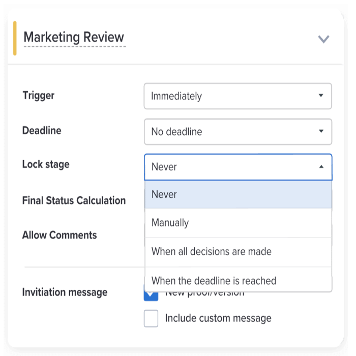 Marketing review of a proof - trigger, deadline, lock stage, final status calculation, allow comments options