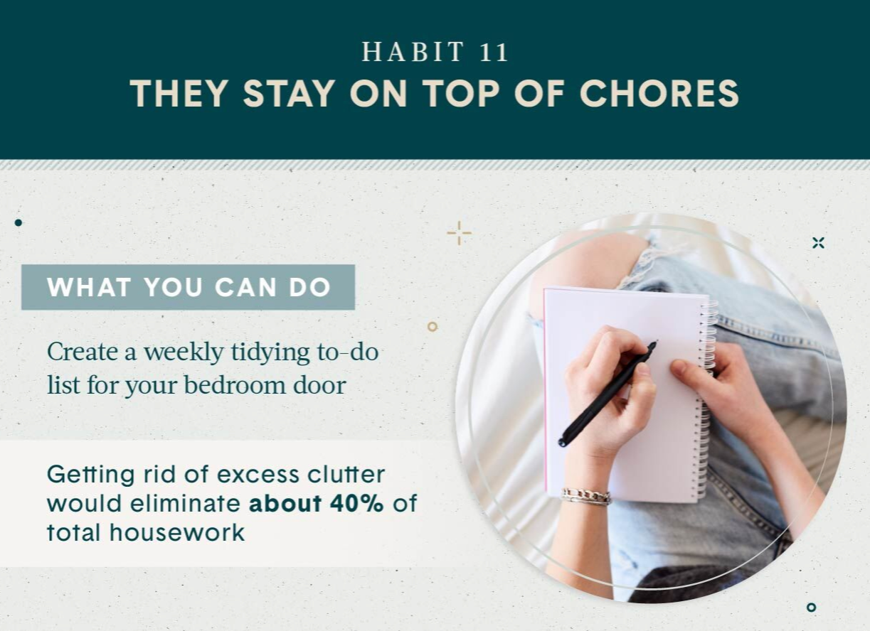 declutter your life graphic image Habit 11 They stay on top of chores tip image shows woman writing in a spiral notebook 