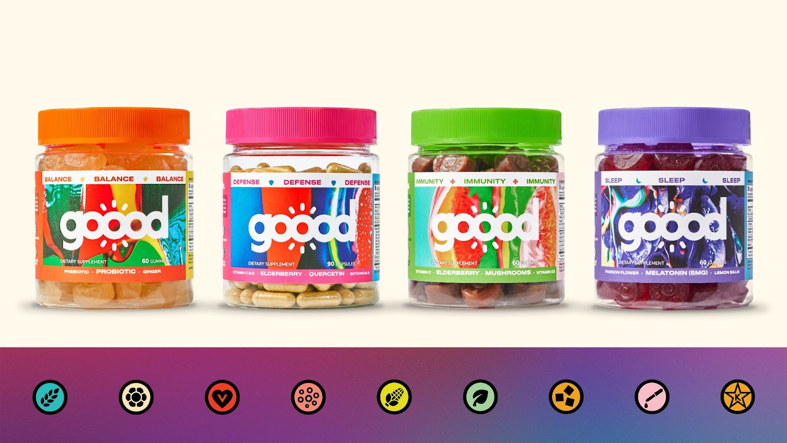 Packaging design for Goood Wellness featuring real flowers, fruits and botanicals dripping with color 