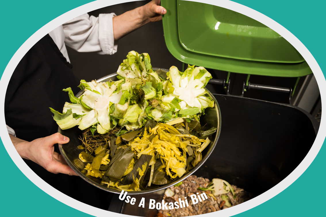 hands holding bowl full of food scraps ready to tip into a bokashi bin