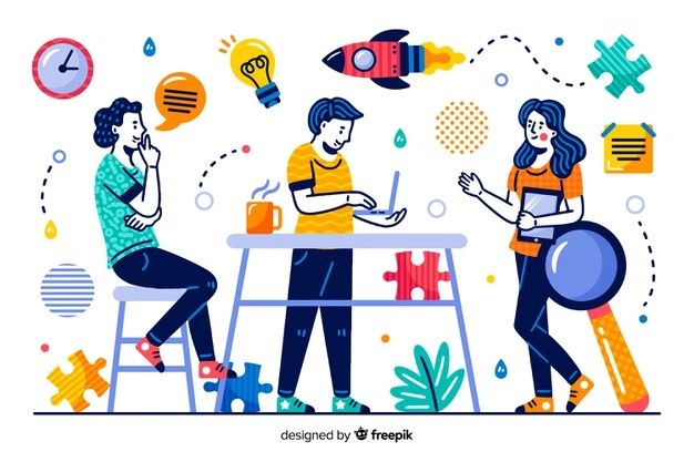 Inovação e empreendedorismo: ilustração colorida de três pessoas em uma reunião e vários elementos sobre criatividade desenhados ao redor.