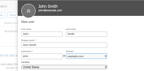 Adicionar usuário e endereço de e-mail