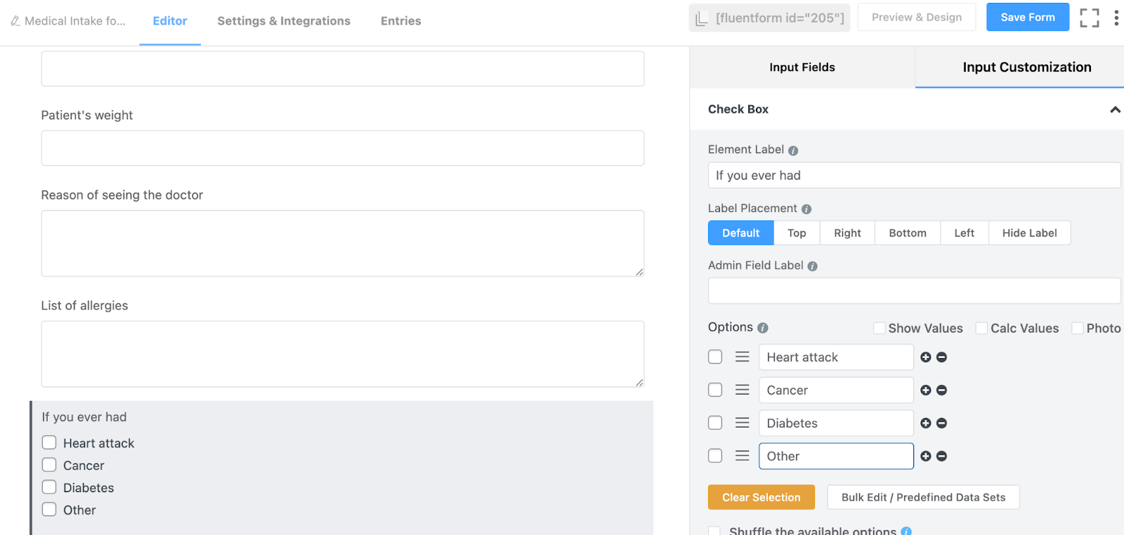 patient registration form, checkbox, wordpress, fluent forms