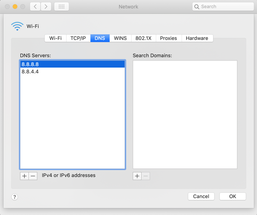 Modification des adresses des serveurs DNS sur macOS.