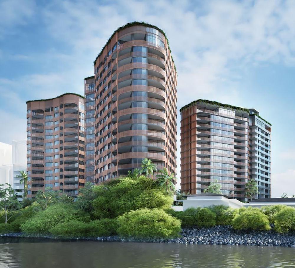 Three residential towers Coronation Drive in Toowong view from the river