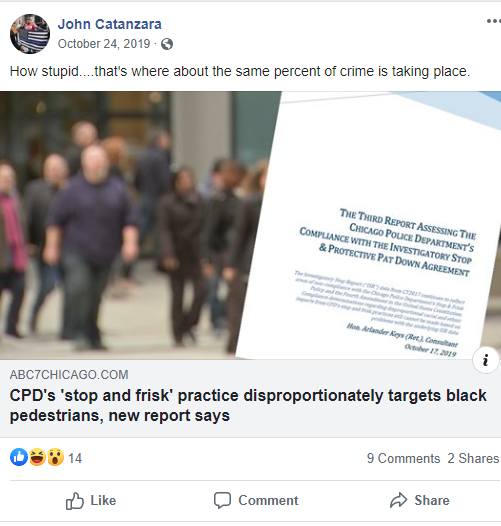 Facebook post by Catanzara with link to reporting about CPD's stop and frisk policy