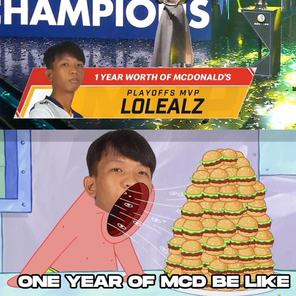 May be an image of 2 people and text that says "HAMPIO 1 YEAR WORTH OF MCDONALD'S PLAYOFFS MVP LOLEALZ ONE YEAR OF MCD BE LIKE"