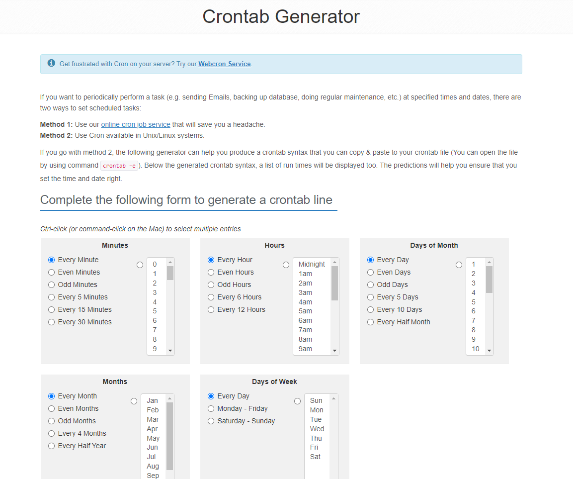 Crontag Generator — еще один ресурс для создания Cron заданий