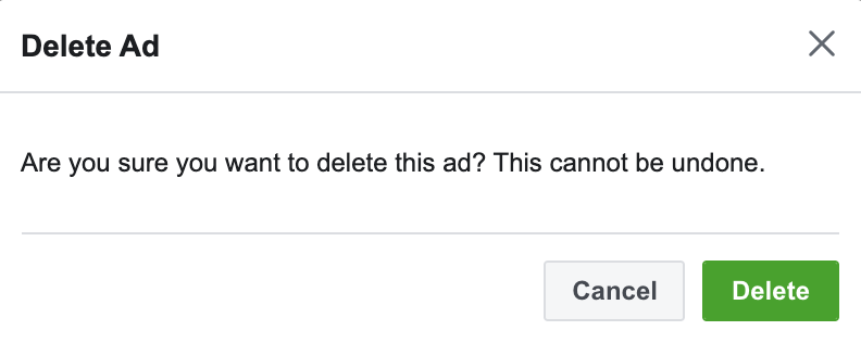 Screenshot of the "Delete Ad" prompt on Facebook
