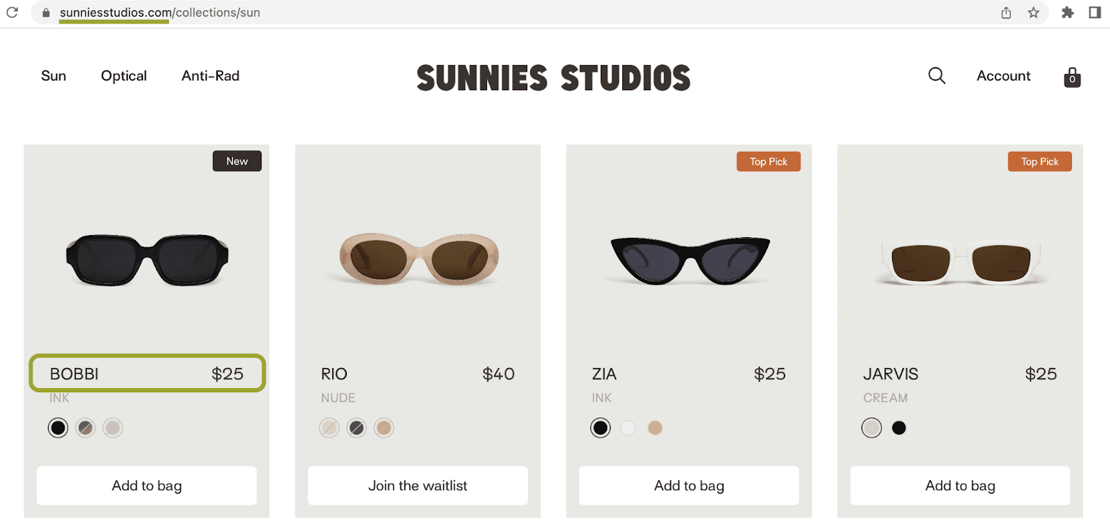 Screenshot of Sunnies Studios website showing sunglasses for sale with USD prices