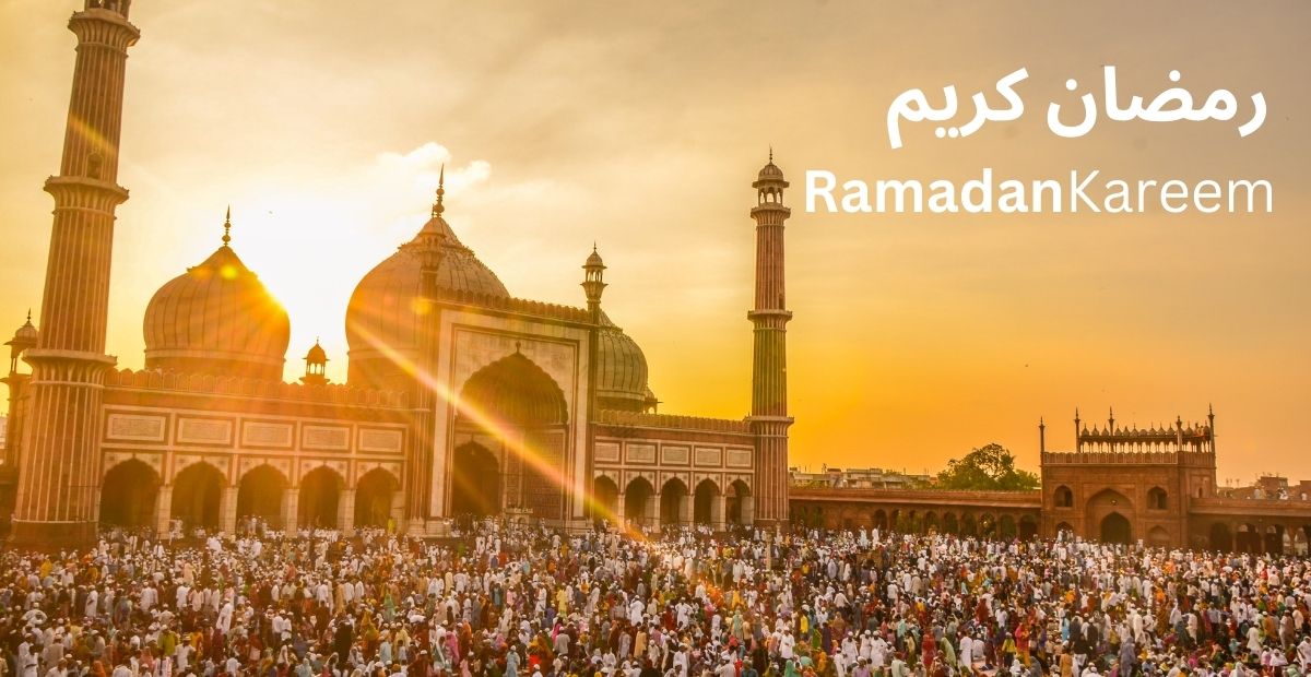 Muslims gather around their mosques to observe the wonderful month of Ramadan as the sun shines in the distance with a text "Ramadan Kareem" in the background.