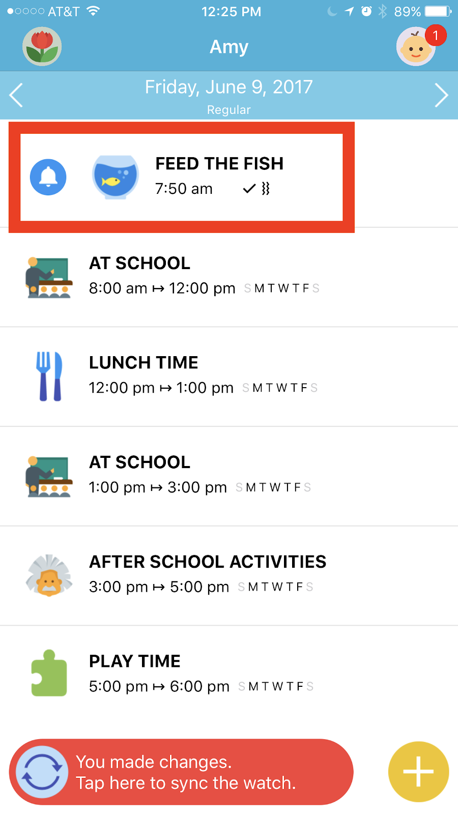 Octopus Watch app : select a reminder in the visual schedul