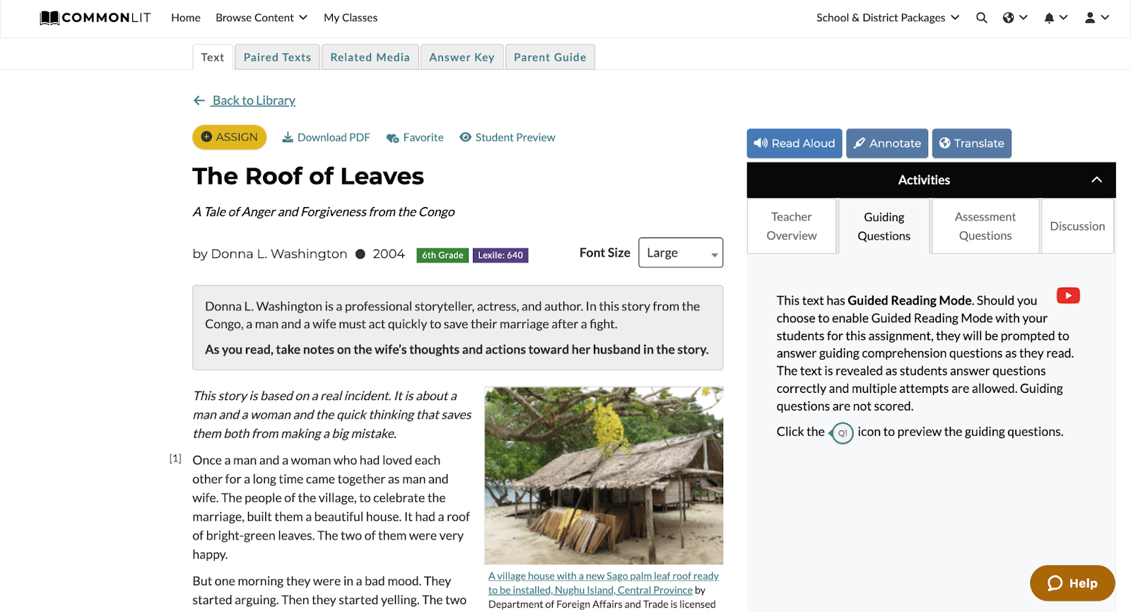 CommonLit lesson for “The Roof of Leaves” by Donna L. Washington with the Guided Questions tab highlighted.