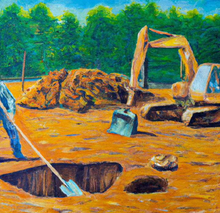 person digging a hole with a shovel, mound of dirt beside them and a backhoe parked nearby